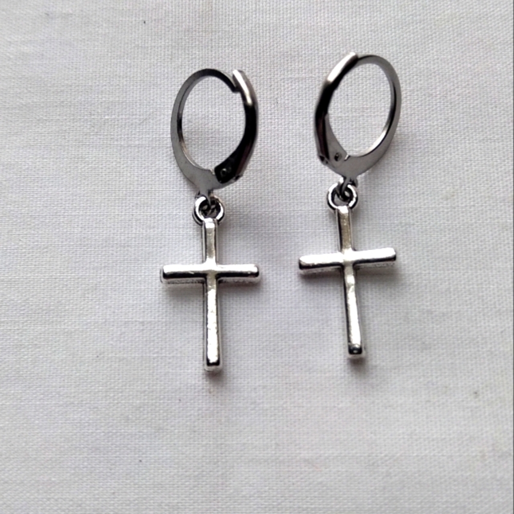 Silver Plated Cross Charm Earrings Handmade Stainless Steel Huggie Hoops Dainty